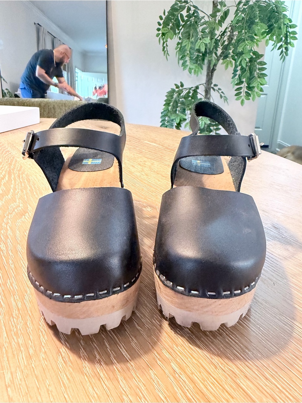 Mia ABBA Swedish Black Leather Platform Clog Mules with Buckle Strap - Picture 2 of 2